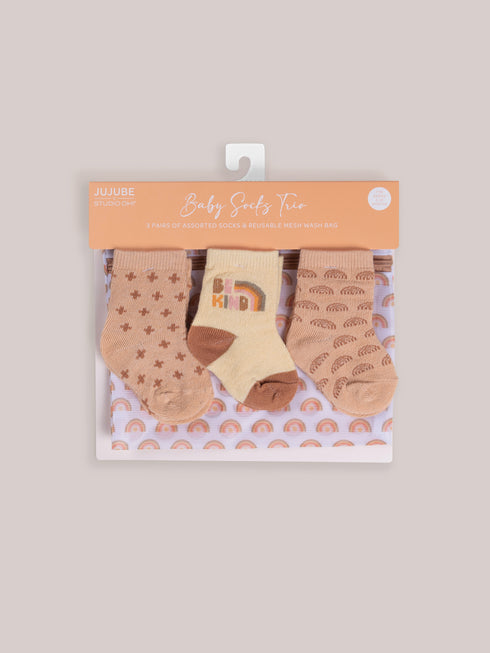 baby-socks-trio-be-kind-rainbows jujube bags at sophiasstyle.com